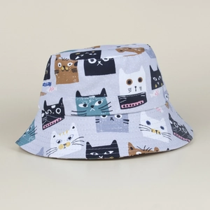Light gray bucket hat with colorful cartoon cat patterns and durable canvas texture
