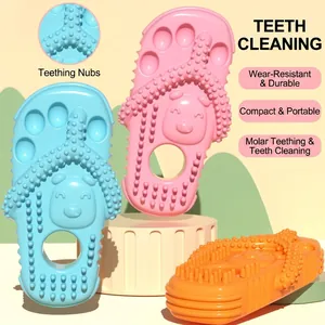 Slipper-shaped pet chew toys with dental cleaning bumps in blue, pink, and orange