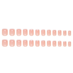 Classic white French tip press-on nails set with 24 short square pieces on white background