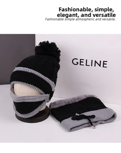 Detail of winter fleece-lined knitted hat and neck warmer set with protective face mask