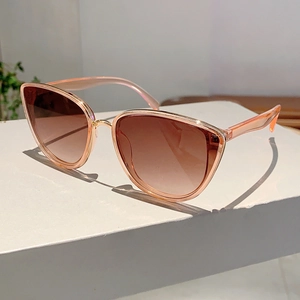 Chic translucent peach cat-eye sunglasses with gradient brown lenses on a geometric stand