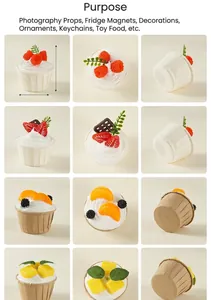 Detailed views of 6cm artificial cupcakes with realistic fruit toppings and cream texture