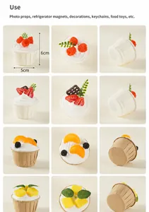 Detailed views of 6cm artificial cupcakes with realistic fruit toppings and cream texture