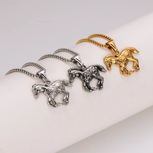 Vintage stainless steel horse pendant necklaces in silver, gold, and black finishes