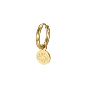 Close-up of golden evil eye hoop earring with polished finish and detailed engraved pendant