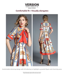 Detailed front and back view of a retro baroque print dress with bow tie collar