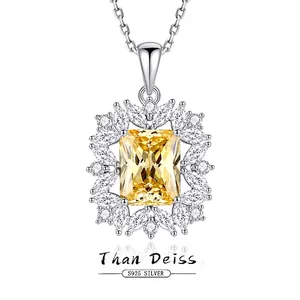 Luxurious S925 Sterling Silver Radiant Cut Yellow Rhinestone Pendant Necklace For Women Elegant Halo Jewelry For Banquet Party