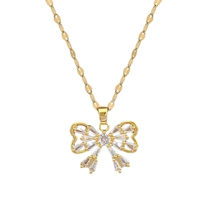 Elegant gold-plated titanium steel necklace with butterfly bow pendant and cubic zirconia