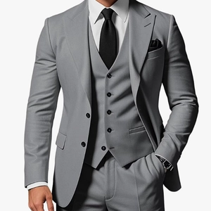 Men's slim fit three-piece business suit in light grey with jacket vest and trousers