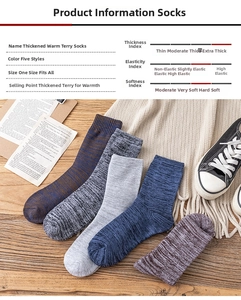 Detail of five pairs of thick thermal crew socks in assorted neutral winter colors