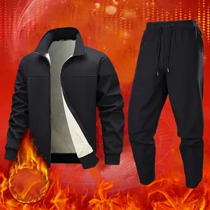 Tuta da uomo invernale in pile con giacca a collo alto e pantaloni in colore nero