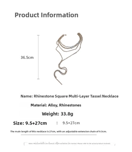 Detailed size chart of a multi-layer tassel necklace with rhinestones and alloy material