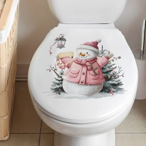 Cute snowman wall sticker with pink jacket on a toilet lid for Christmas home decor