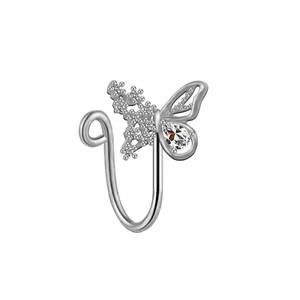 Elegant silver butterfly nose ring with white cubic zirconia and a teardrop stone