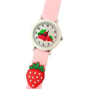 Pink silicone kids watch with 3D strawberry decoration and cartoon dial design