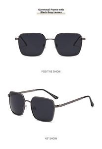 Front and side view of polarized square gunmetal sunglasses with black-gray lenses