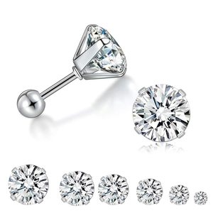 Silver stainless steel stud earrings with brilliant zircon and screw back in six sizes