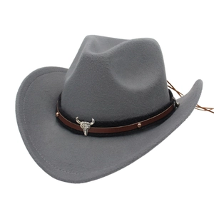 Grey wool cowboy hat with brown leather band and silver bull head metal buckle decoration