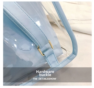 Close-up of light blue jelly backpack showing shiny PVC texture and golden metal ring buckle