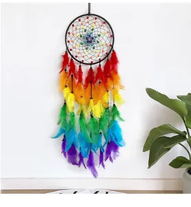 Detail of bohemian rainbow dreamcatcher with colorful feathers and bead accents