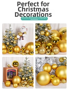 Detailed view of gold Christmas ornaments featuring glossy, matte, and glitter finishes
