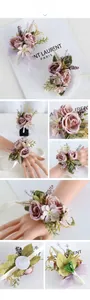 Detailed close-up of retro pink-purple silk rose boutonniere and wrist corsage set