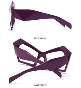 Detail view of purple geometric polygon glasses frame from side and back angles