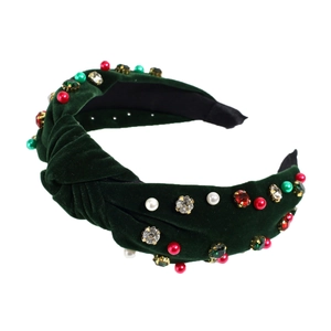 Deep green velvet knotted headband with pearls and rhinestones for elegant styling