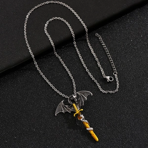 Gothic silver dragon wrapped around golden sword pendant with luminous effect for men