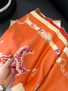 Luxurious orange silk scarf with equestrian horse pattern and thick double-sided design