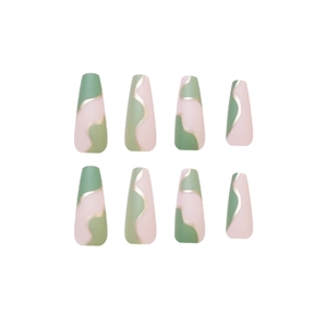 Elegant matte grey green and pink wavy pattern french press-on nails for daily manicure
