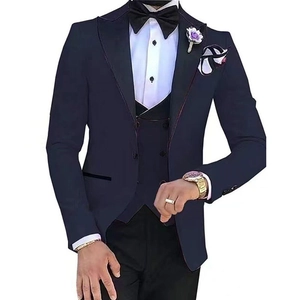 Three-piece navy blue business suit with black vest and trousers for weddings