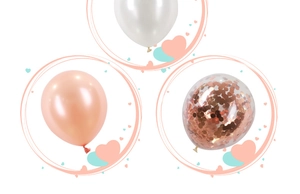 Detail view of rose gold metallic, white pearl, and confetti-filled party balloons