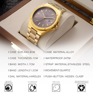 Men's gold quartz watch with stainless steel band displayed at 45-degree angle in a box