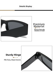 Detail of square sunglasses showing robust hinges and wide temples for comfort