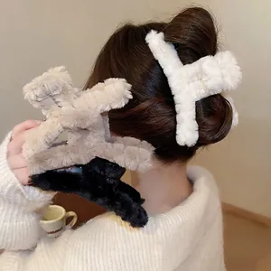 Plush cross shark hair clips in white, beige and black for autumn and winter fashion