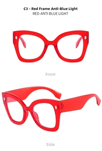 Front and side view of oversized transparent red cat eye blue light blocking glasses