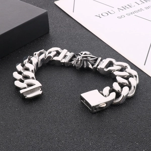 Polished stainless steel wolf head bracelet for men with chunky square buckle clasp