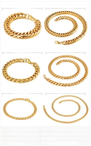 Size comparison chart of 18K gold plated stainless steel Cuban chains in 6mm, 10mm, 16mm