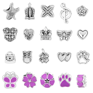 Collection of 20 silver and purple enamel DIY beads with heart and flower charms