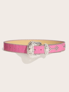 Detailed view of pink crocodile pattern PU belt with silver vintage rhinestone buckle