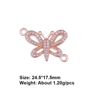 Rose gold butterfly charm with clear zircons, size 24.5x17.5mm for jewelry making