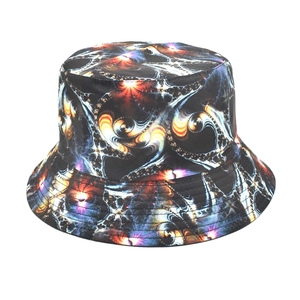 Detailed close-up of fractal print sun hat with reinforced stitching and vibrant colors