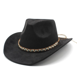 Classic black felt western cowboy hat with ethnic beaded brown woven band at 45-degree angle