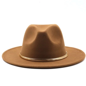 Detail of classic camel wool fedora hat with elegant gold chain band on white background