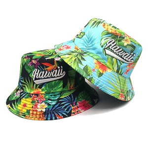 Hawaii Embroidery Tropical Floral Print Bucket Hat Polyester Sun Protection Foldable Breathable Summer Beach Hat Men Women