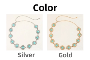 Detail of bohemian waist chain featuring turquoise stones in gold and silver finishes