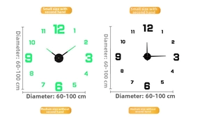 DIY wall clock detail showing size adjustment from 60-100cm and second hand options