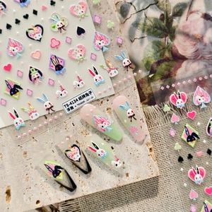 3D embossed nail art stickers featuring Alice in Wonderland style rabbit and cards