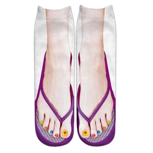 Detail of 3D printed socks featuring a funny realistic purple flip-flop and colored nails